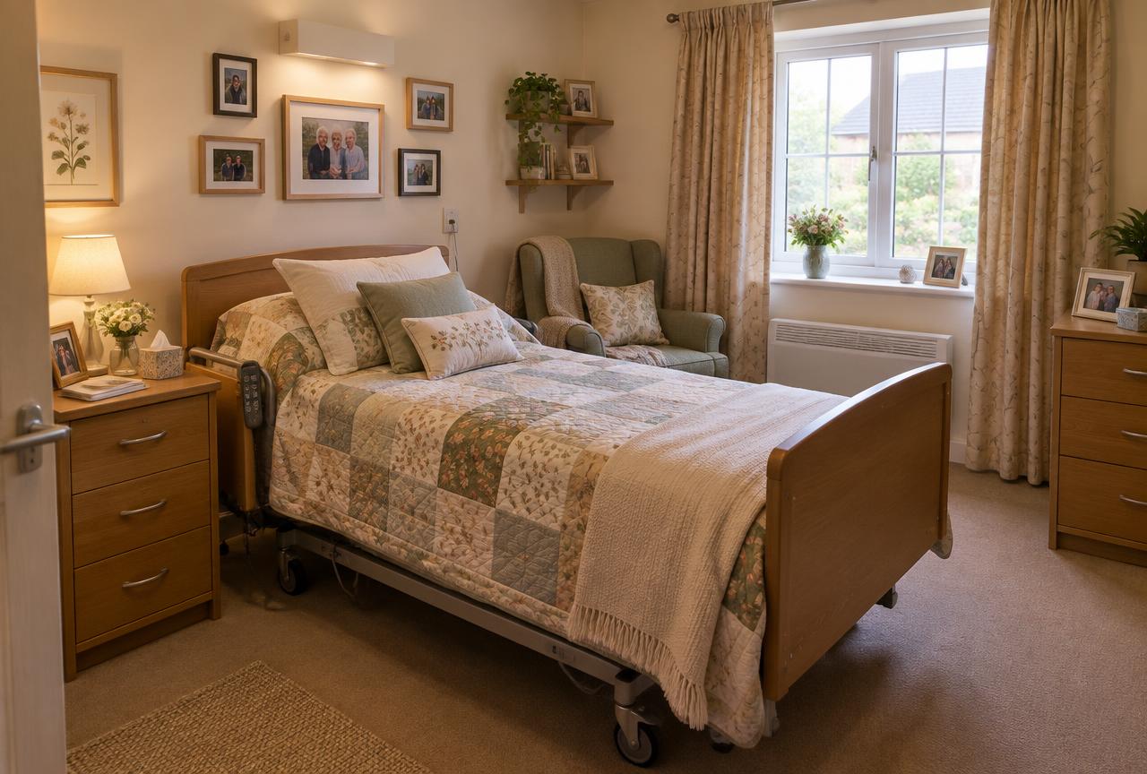 A cozy private bedroom with a quilt and family photos (placeholder photo)