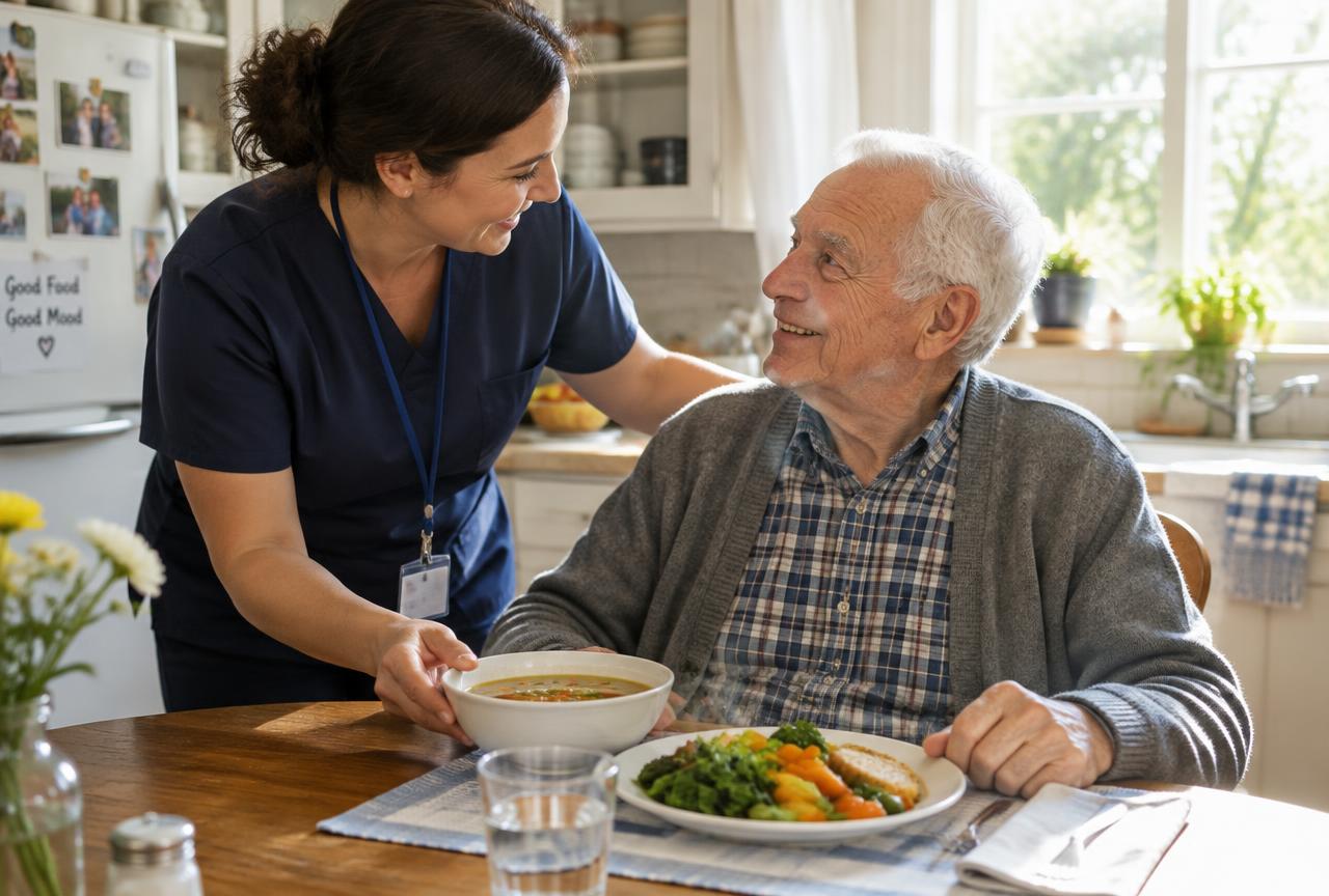 A caregiver serving soup to a smiling resident at the kitchen table (placeholder photo)
